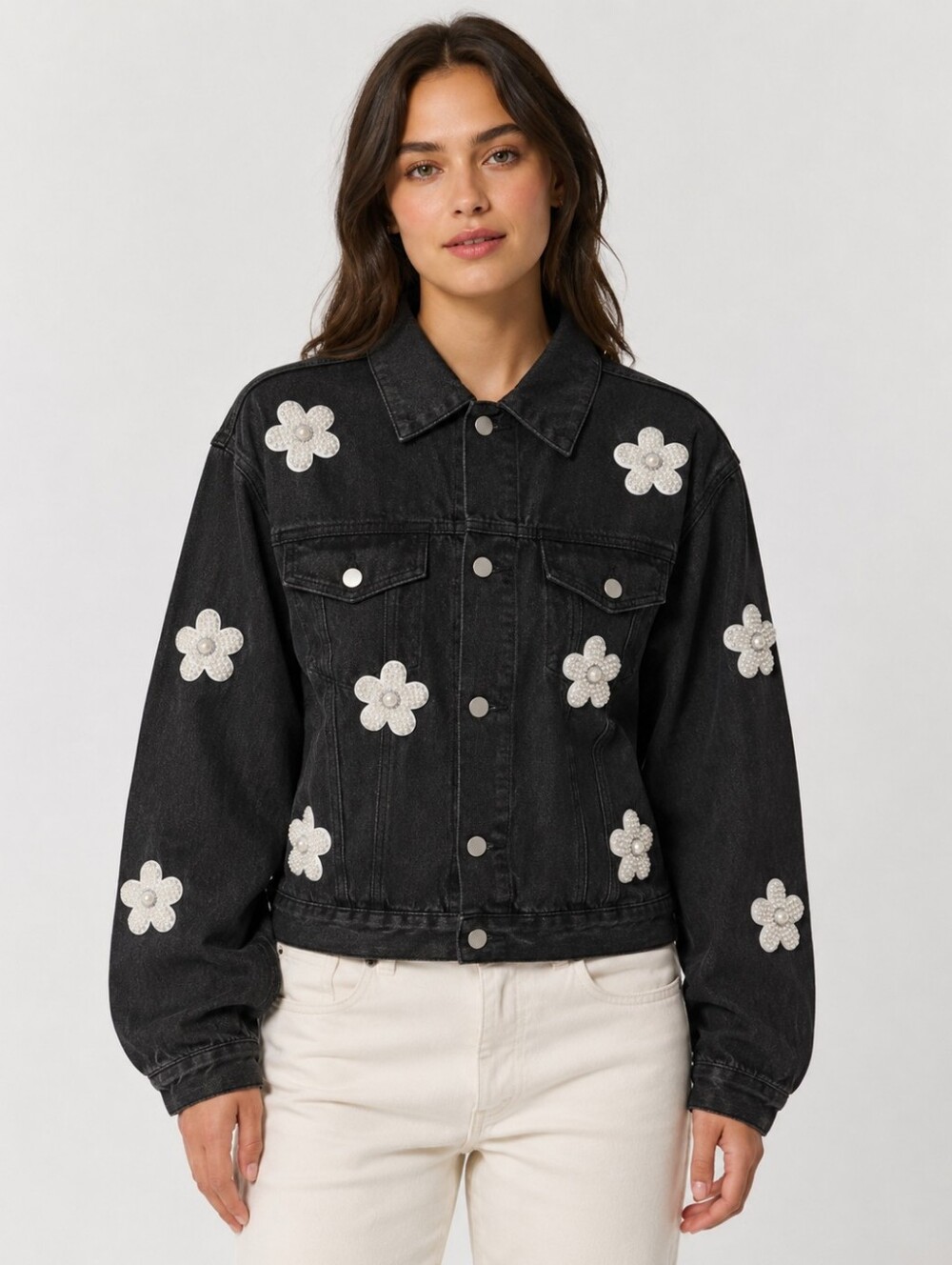 POL Black Denim Pearl Daisy Appliqué Oversized Jacket Small NWOT